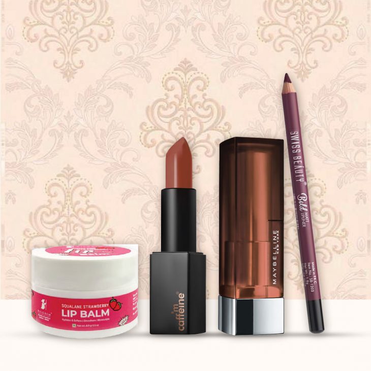 mCaffeine Cocoa Kiss Creamy Matte Nude Lipstick 

Maybelline New York Color Sensational Inti-Matte Nude Lipstick 

Swiss Beauty Bold Matt Lip Liner

Pilgrim Squalane Strawberry Lip Balm