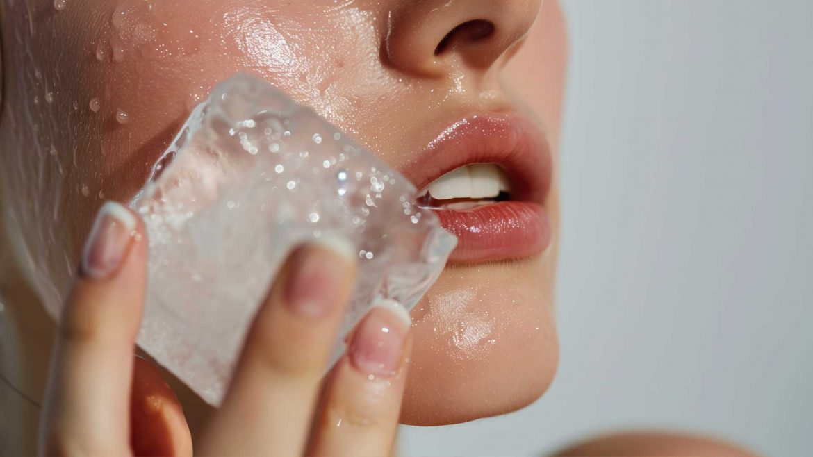 A woman applying ice on her face