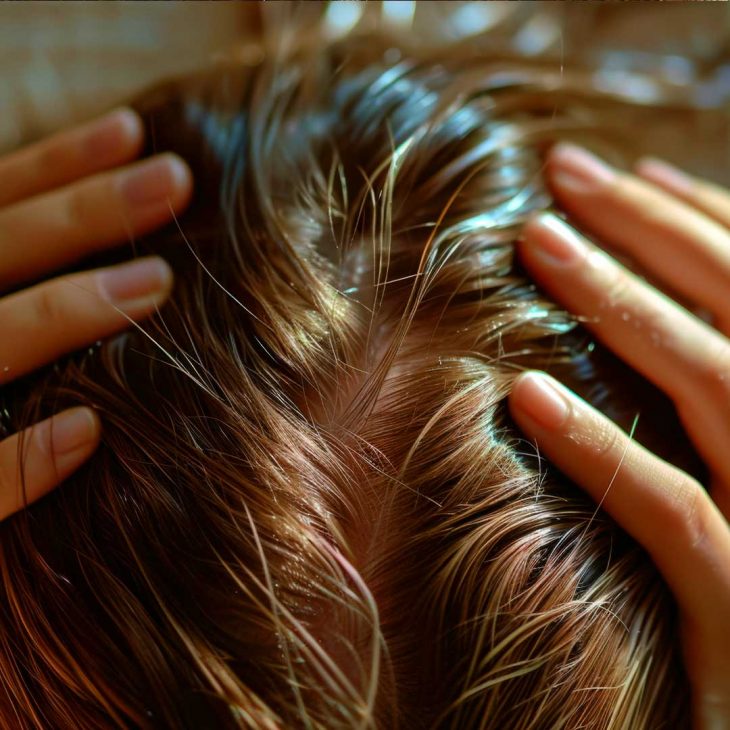 A woman giving herself a hot oil massage