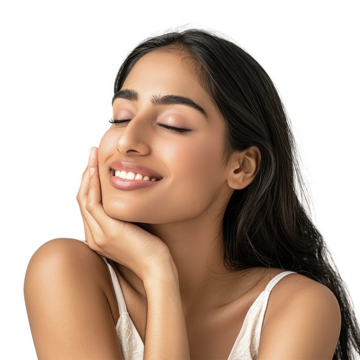 Woman with calm skin thanks to rice flour face pack