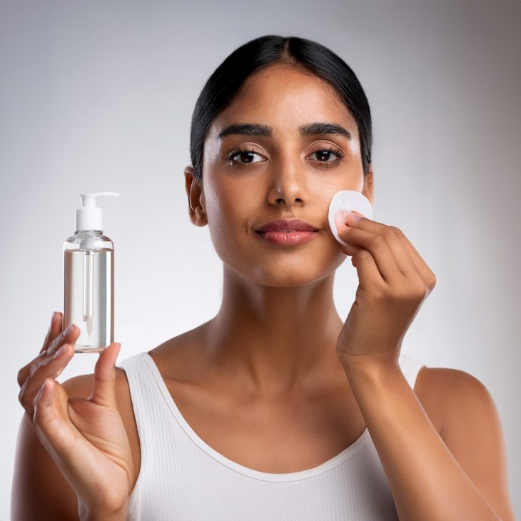 Woman applying toner on her face