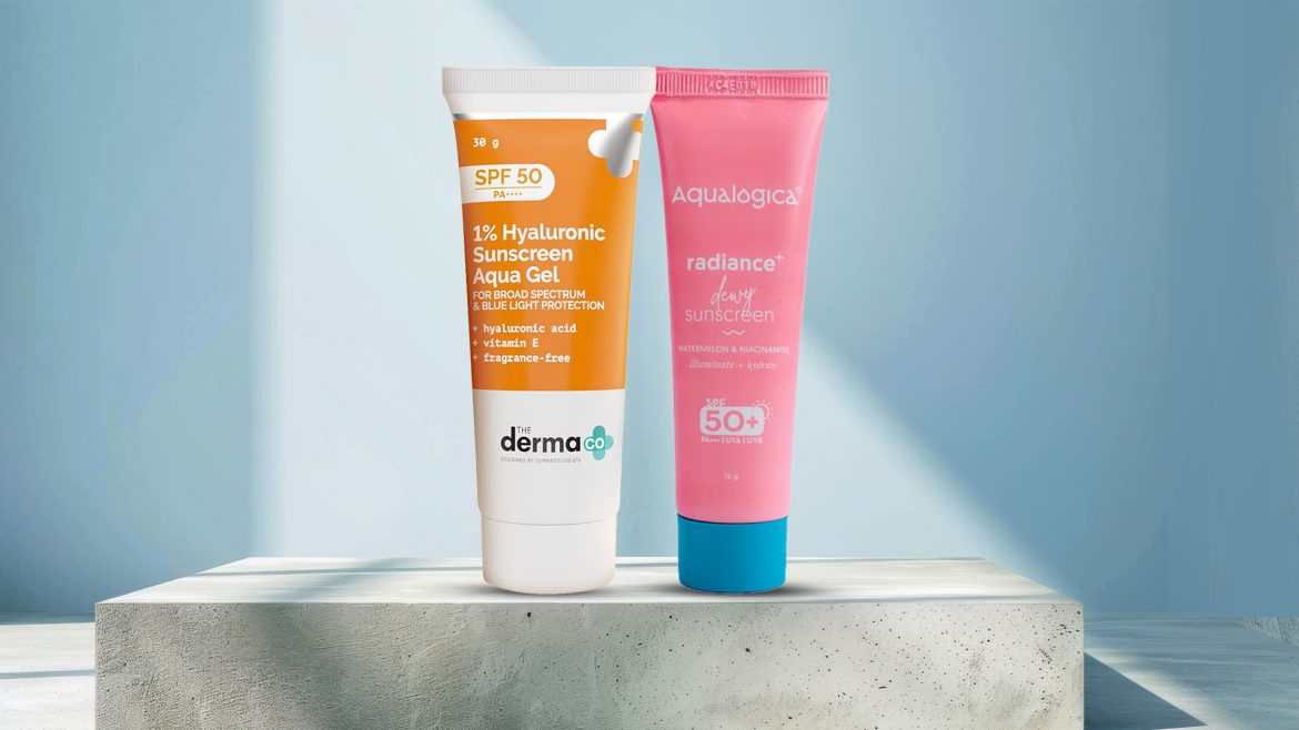 Aqualogica Radiance+ Dewy Sunscreen and  The Derma Co. 1% Hyaluronic Sunscreen Aqua Gel