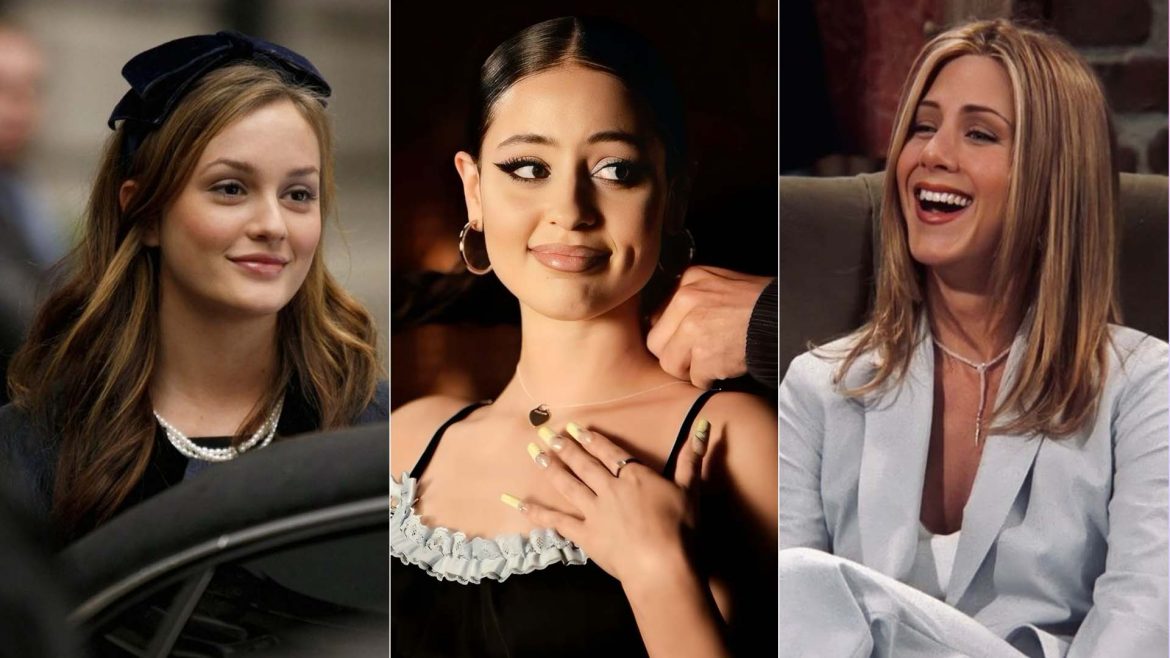 A collage consisting of  Blair Waldorf from "Gossip Girl", Maddy from "Euphoria" and Rachel Green from "Friends"


