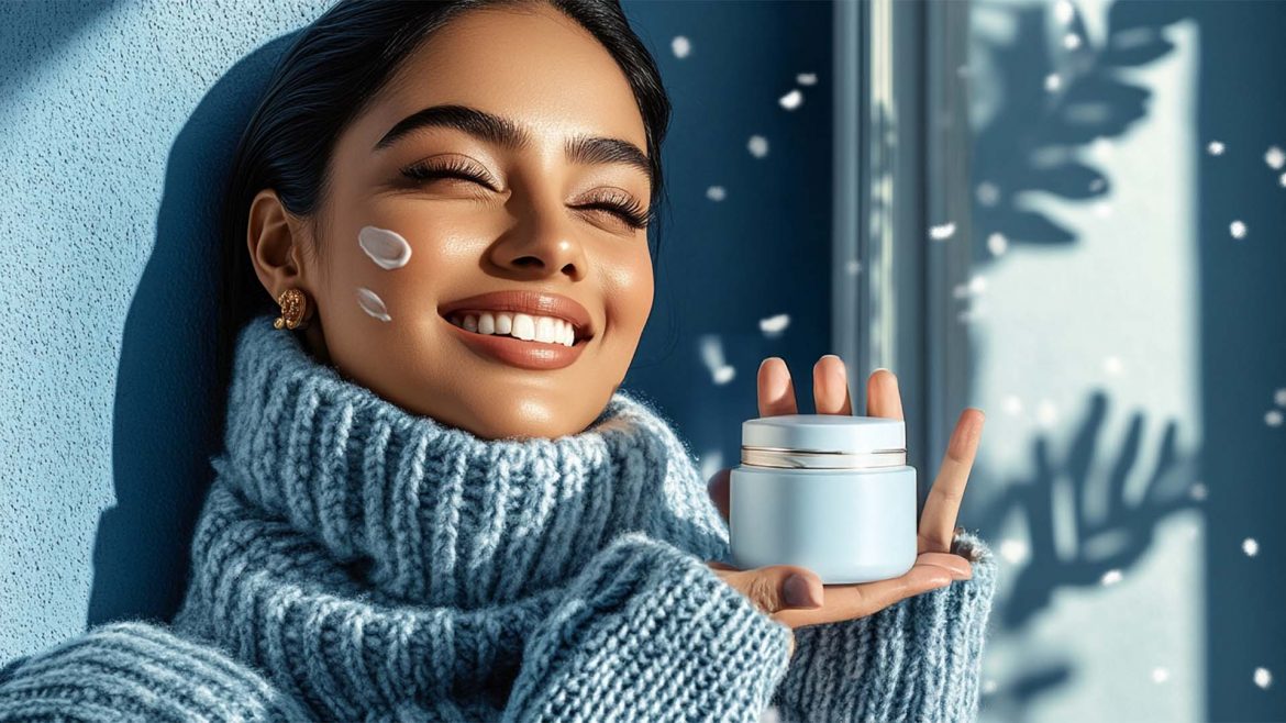 Woman applying face cream in winter