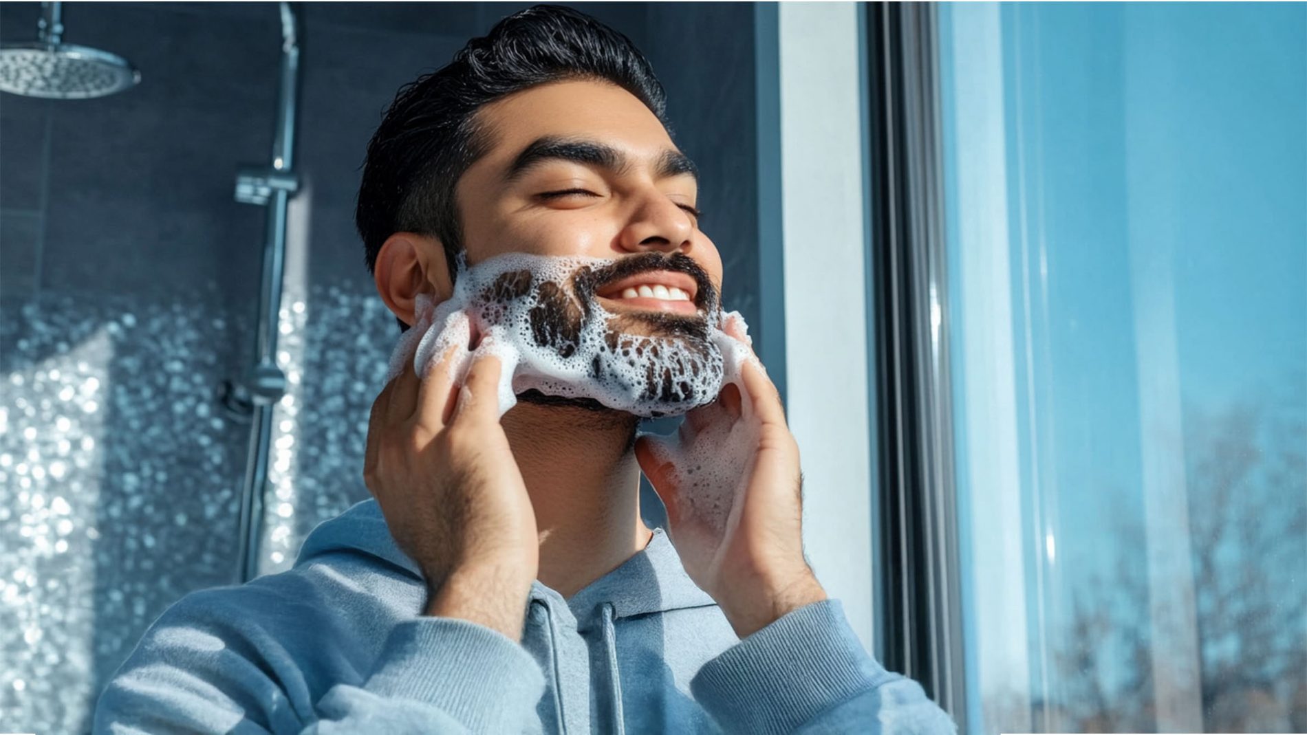 Man washing his beard