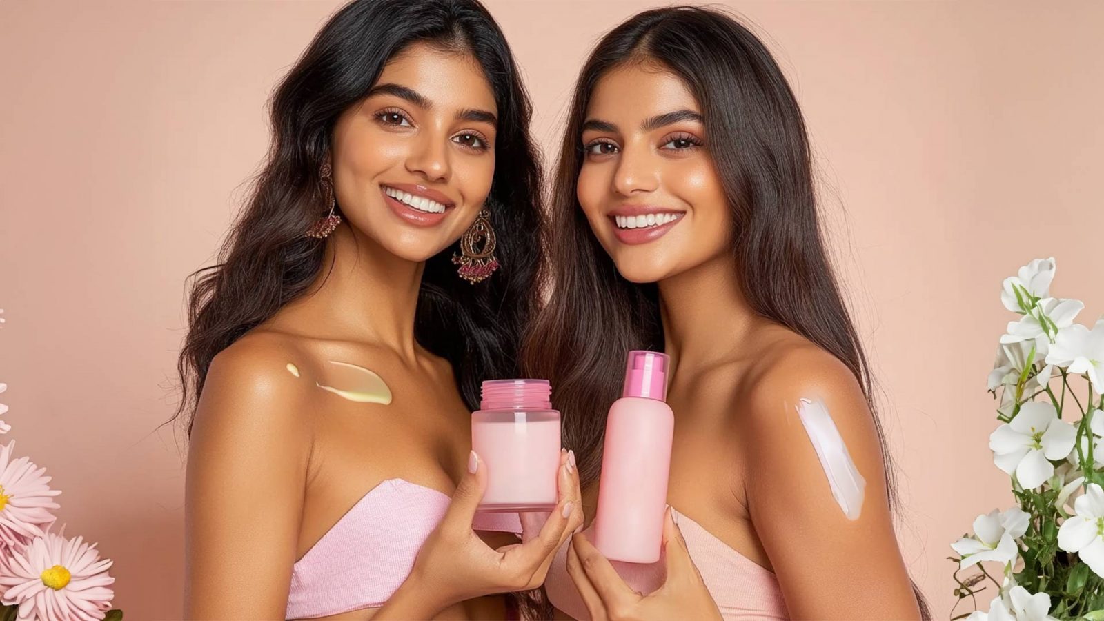 2 Women holding body lotion & body butter respectively