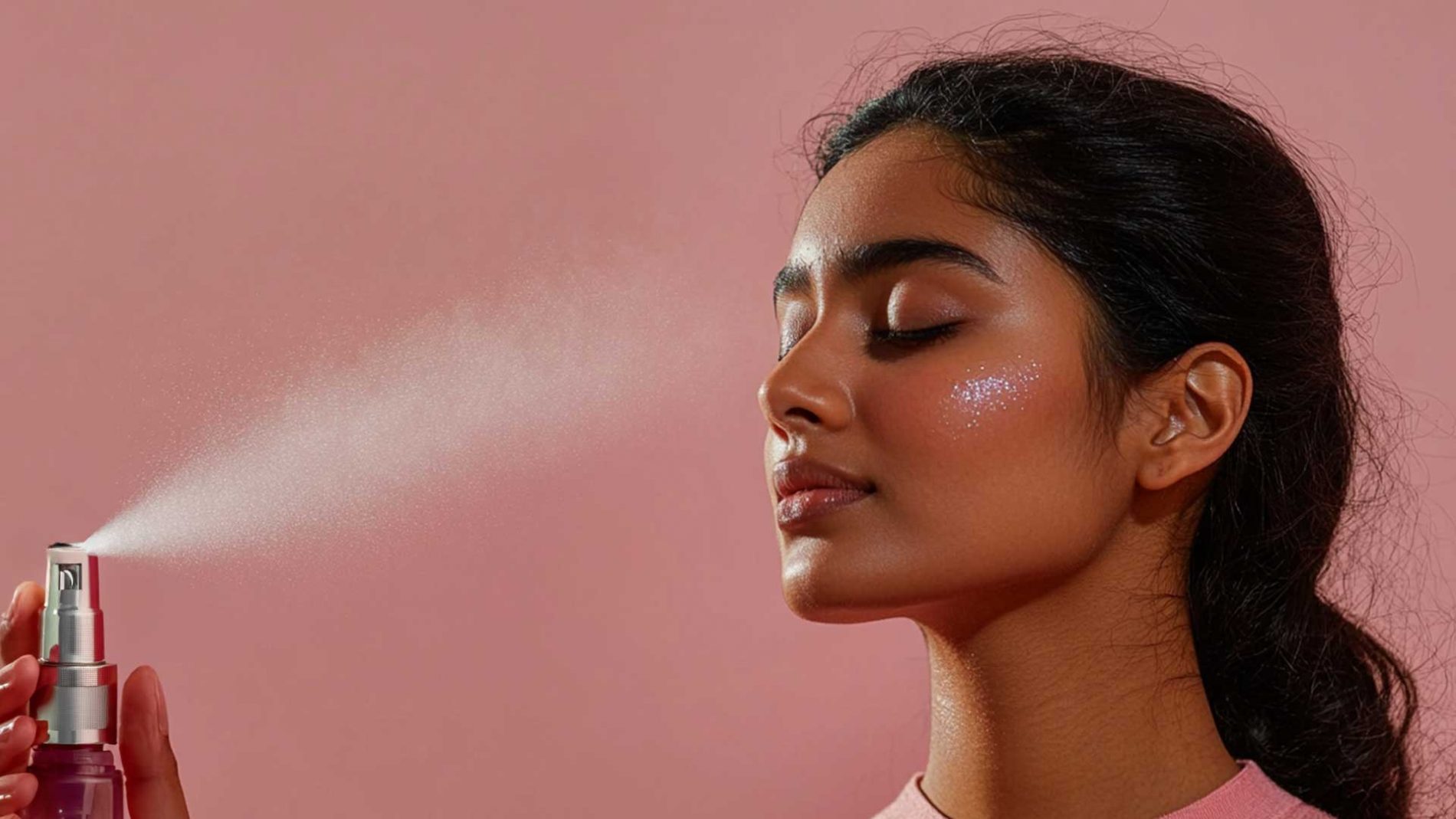 Woman spraying face mist