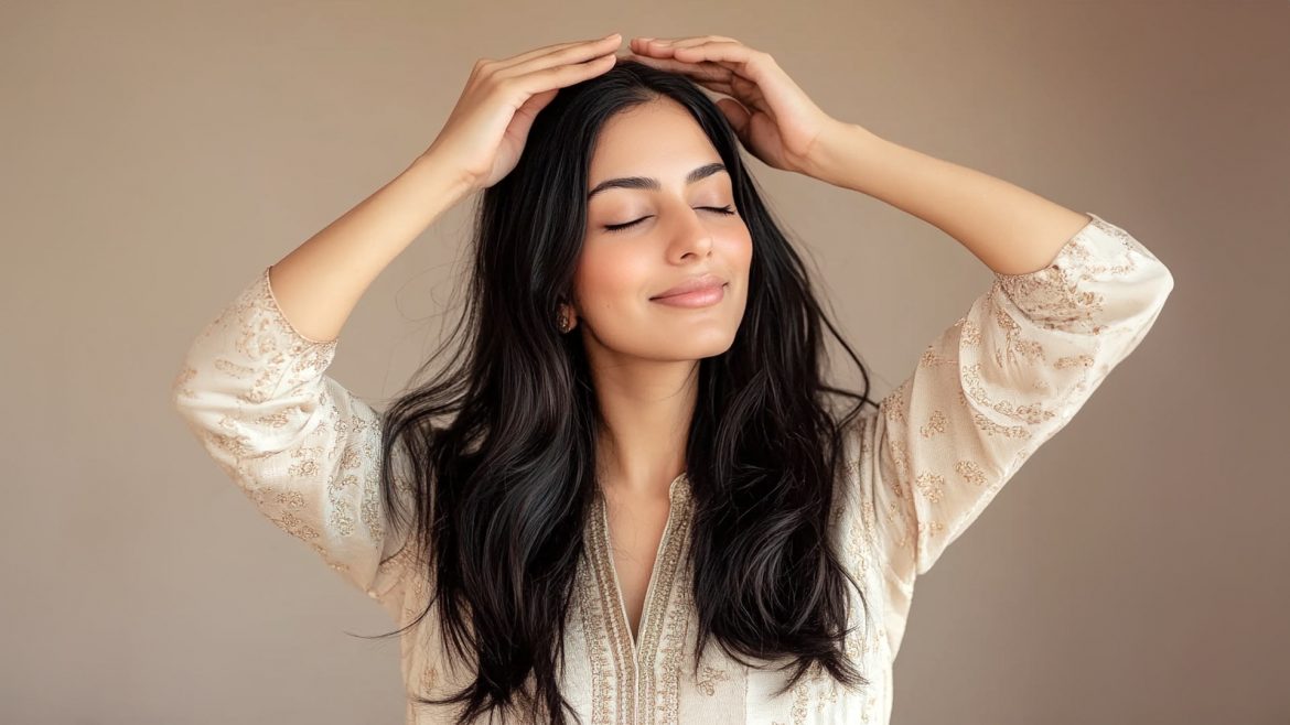 Woman applying haircare products to her hair