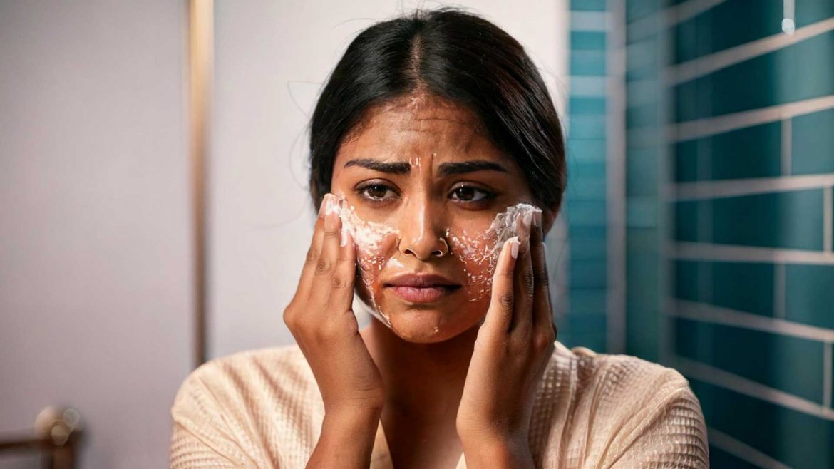 Woman over exfoliating her face