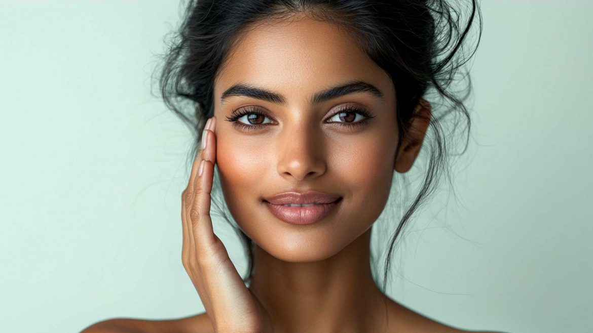 Woman applying serum to her face