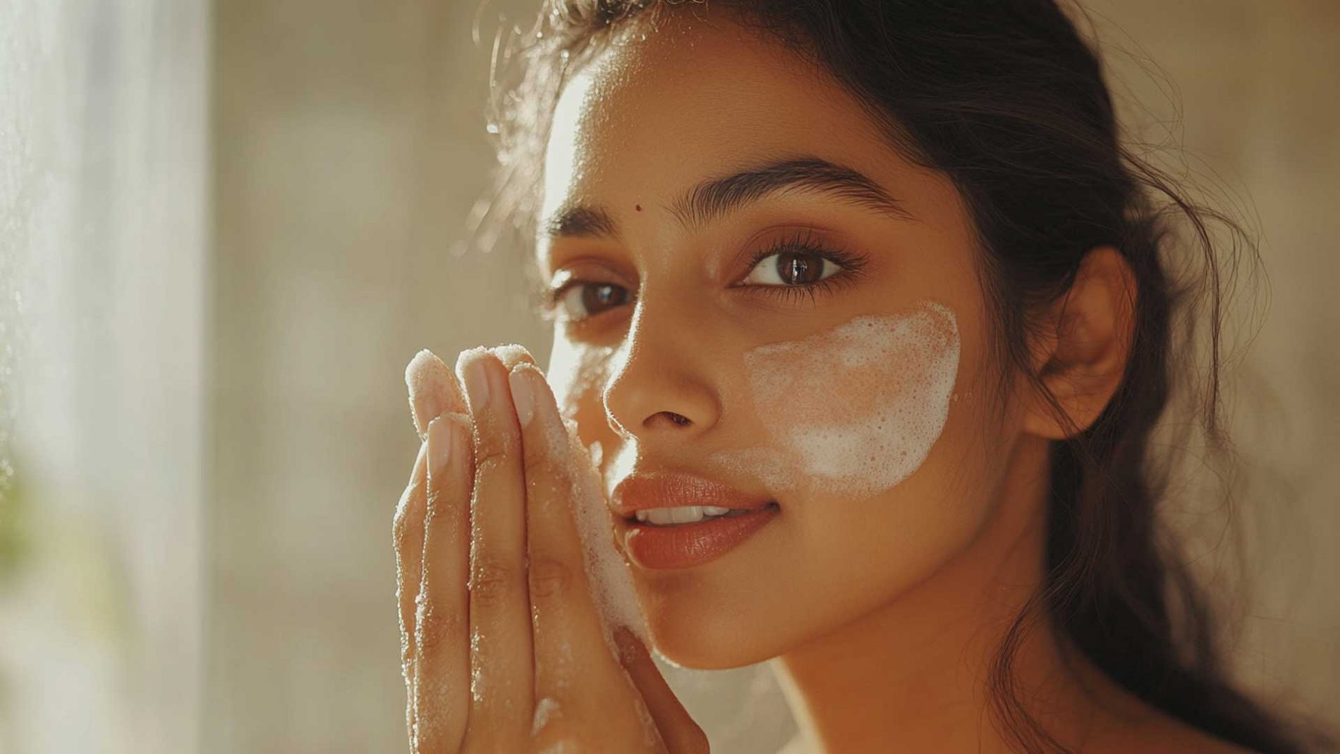 Woman washing her face wash