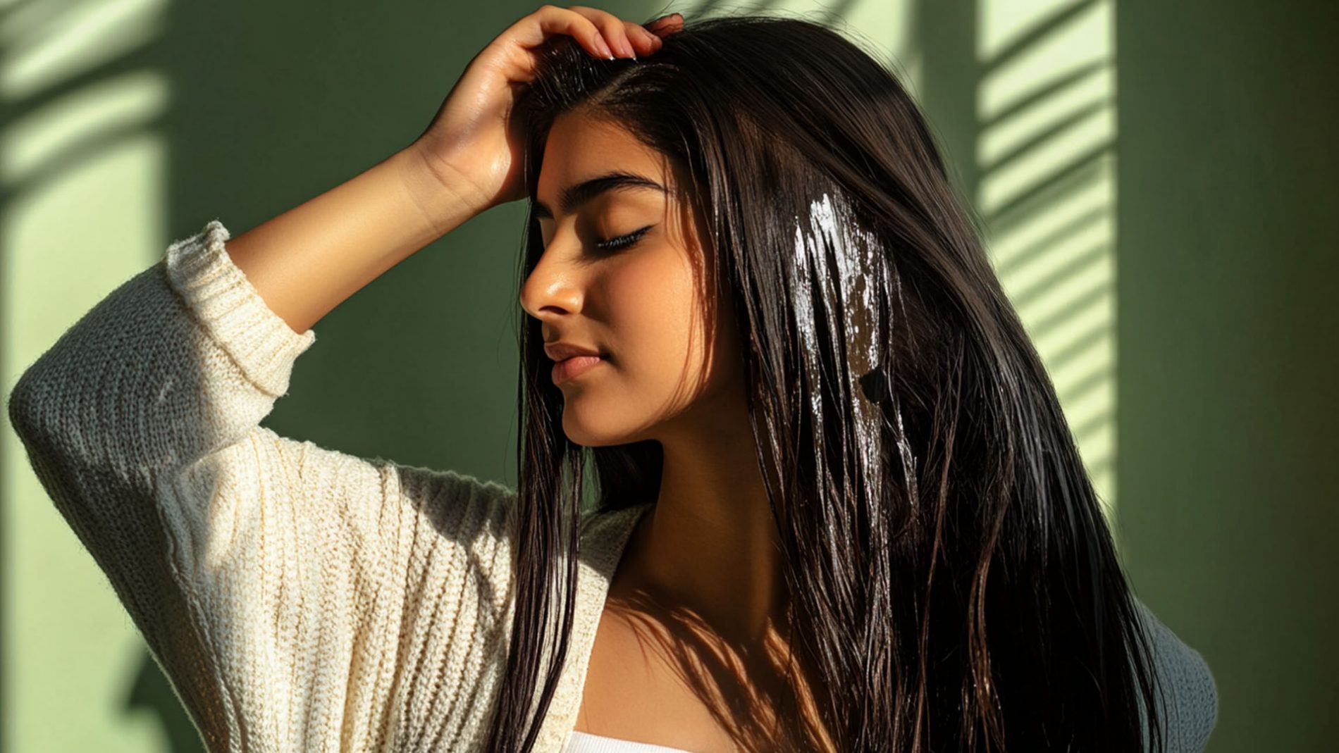 Woman with hair mask in her hair