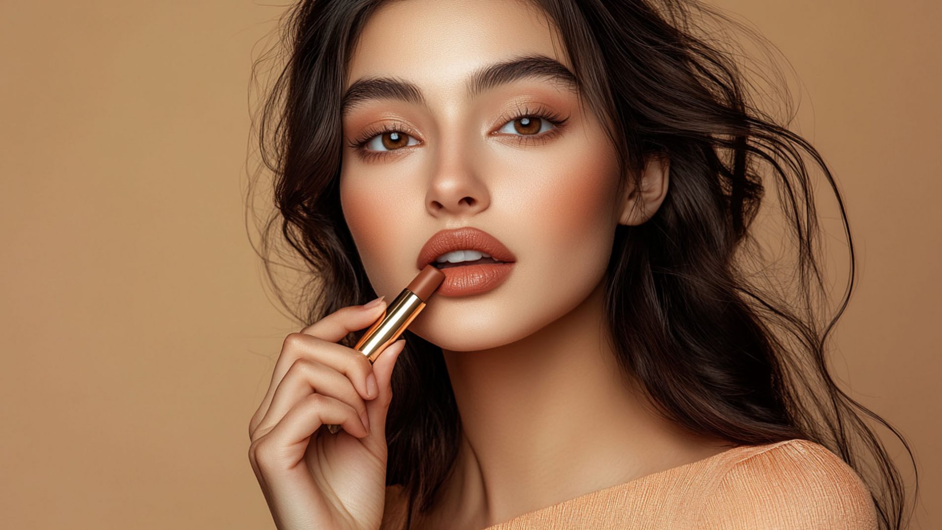 Woman holding a classic brown lipstick