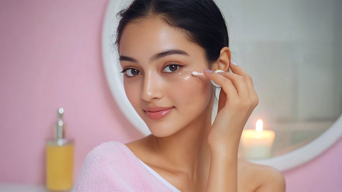 Woman applying under eye gel