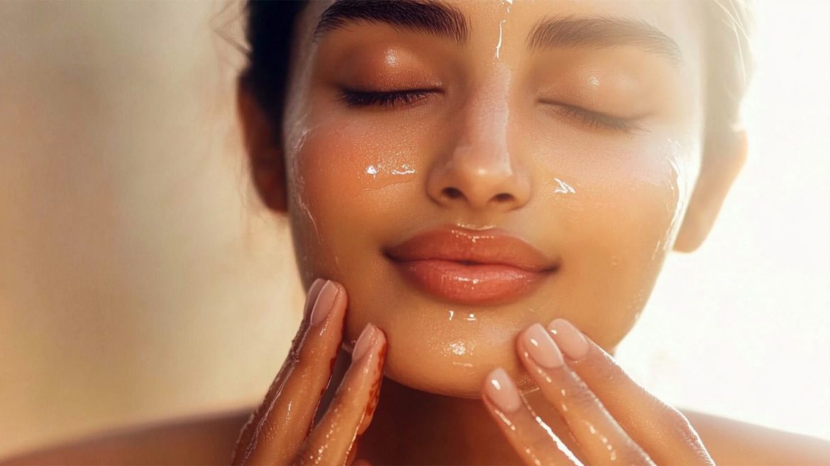 Woman cleansing her face