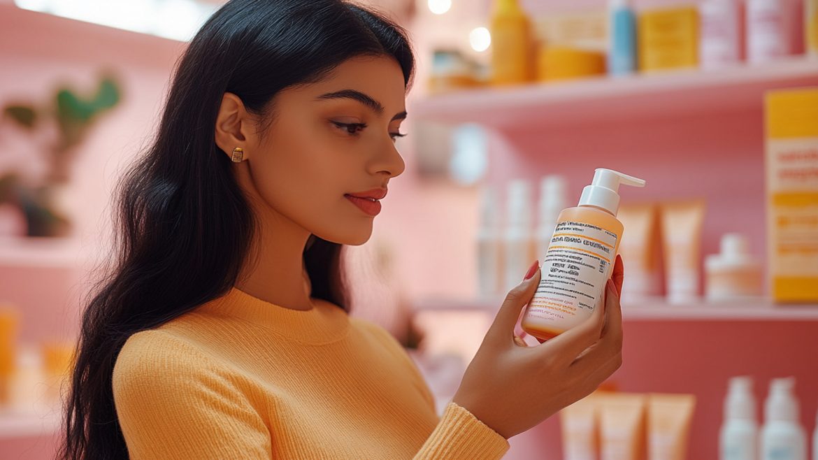 Woman checking ingredient label on the shampoo bottle