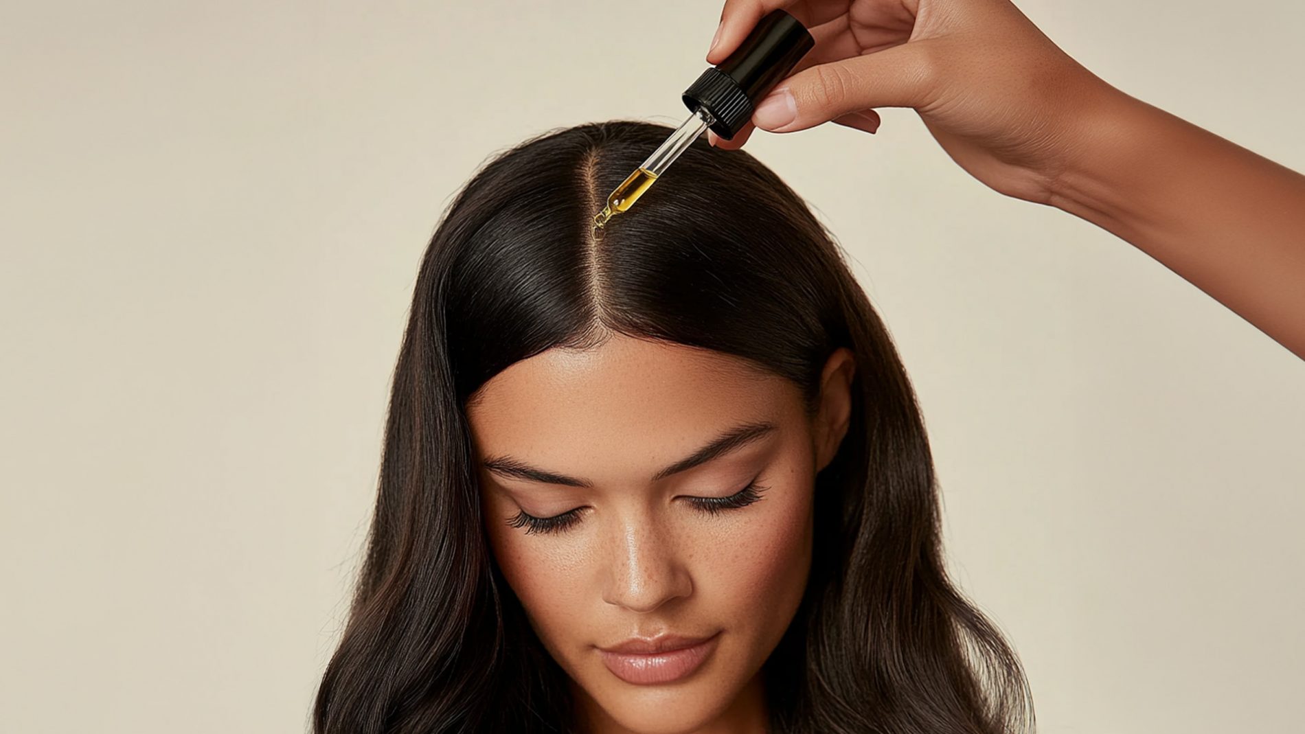 Woman trying hair serum on her hair