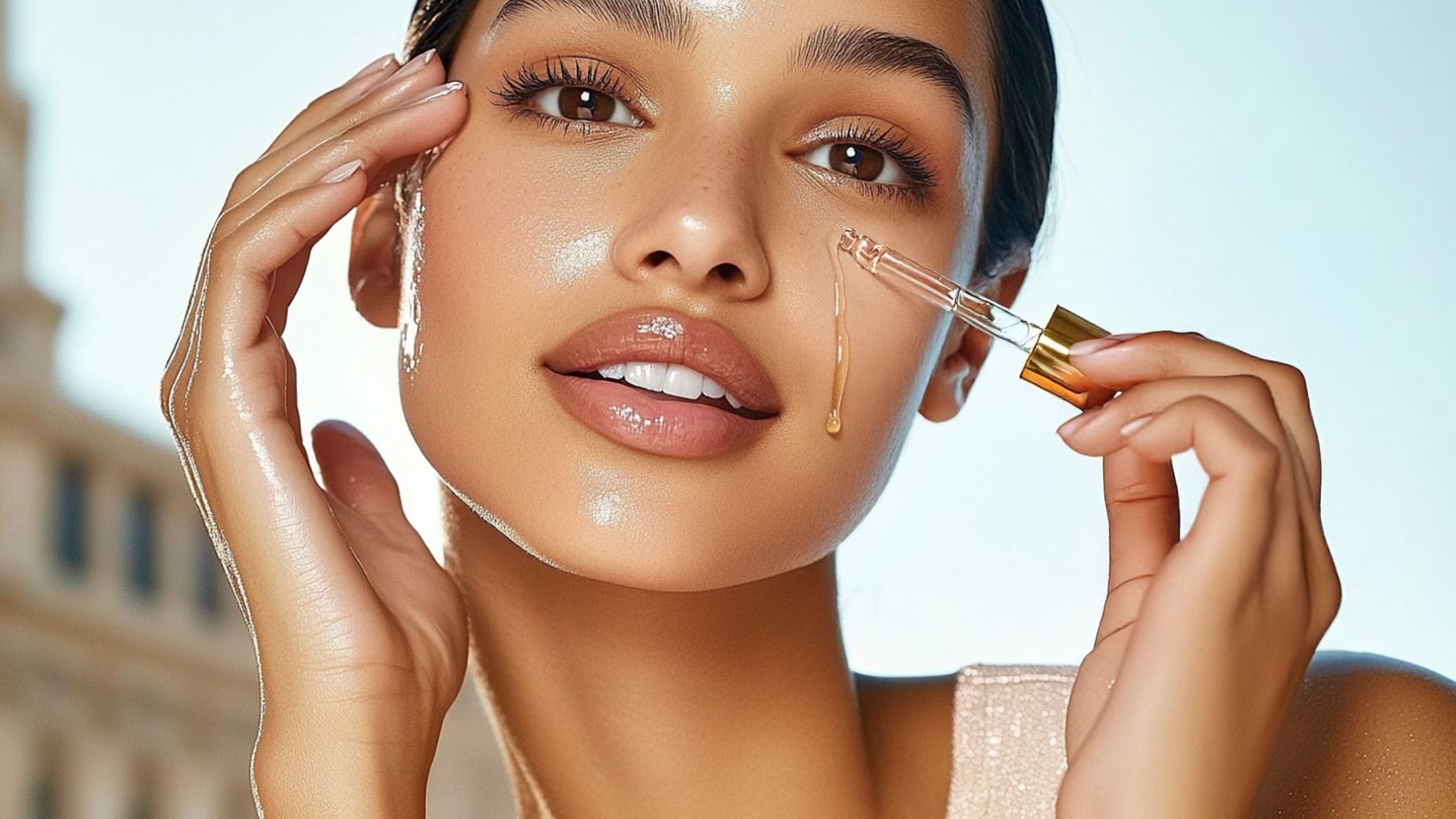 Woman applying squalane oil on her face