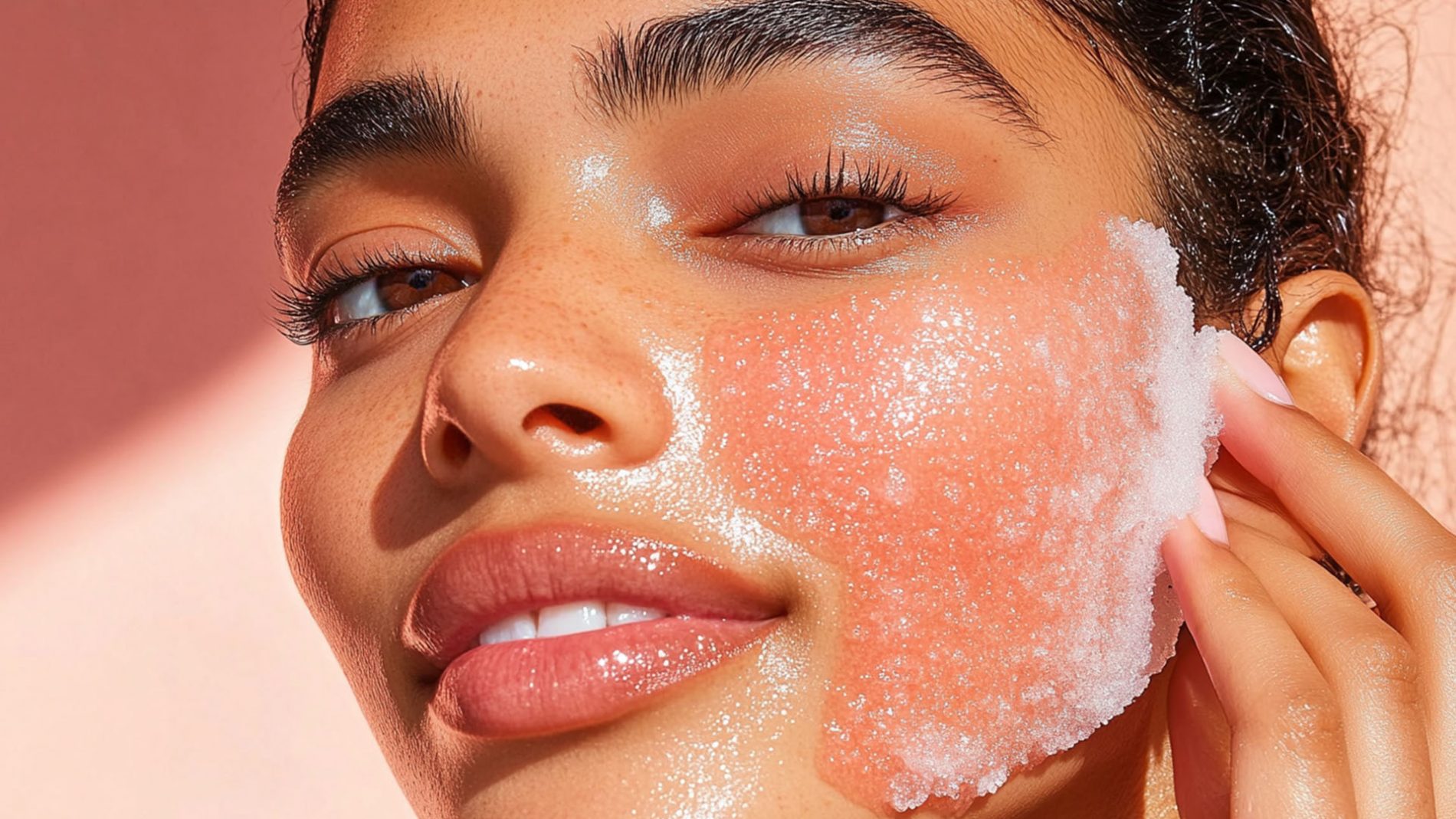 Woman applying face scrub to her face