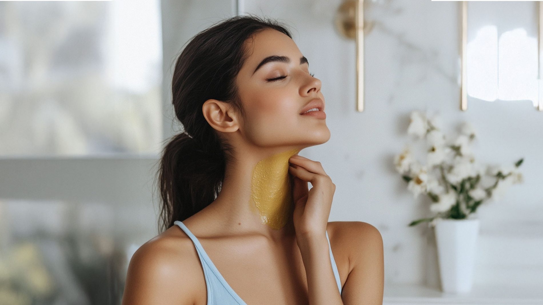 Woman applying DIY pack to brighten her neck