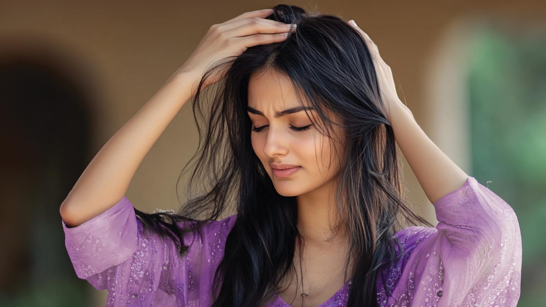 Woman struggling with dandruff