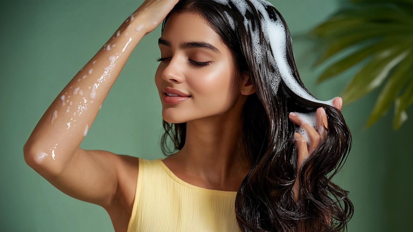 Woman washing her hair with herbal shampoos