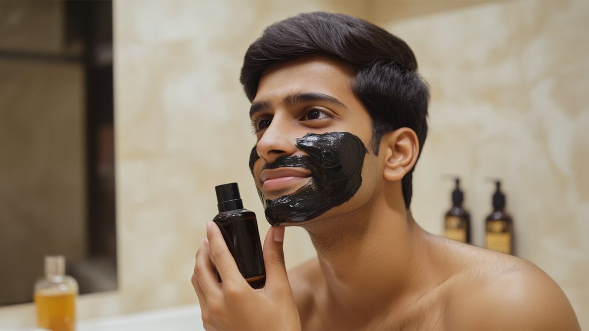 Man applying shilajit infused skincare on his face